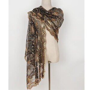 Boho Black Gold‎ Moon & Star Sheer Mesh Sequin Embellished Shawl Wrap Scarf